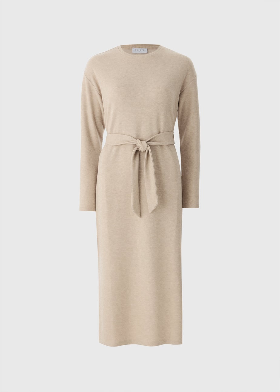 Beige Belted Ribbed Dress