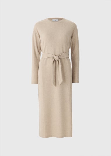 Beige Belted Ribbed Dress