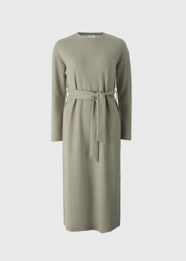 Green Belted Cosy Ribbed Midi Dress