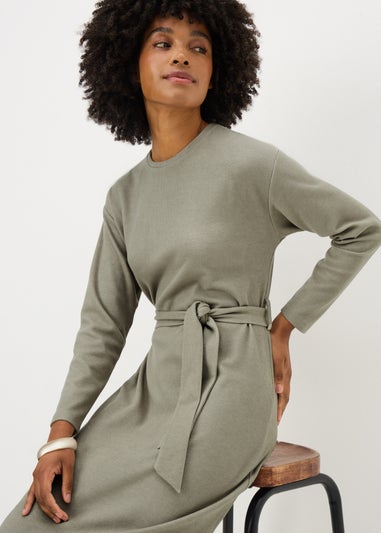 Green Belted Cosy Ribbed Midi Dress