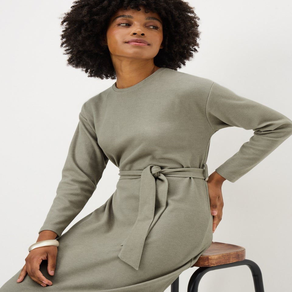 Green Belted Cosy Ribbed Midi Dress