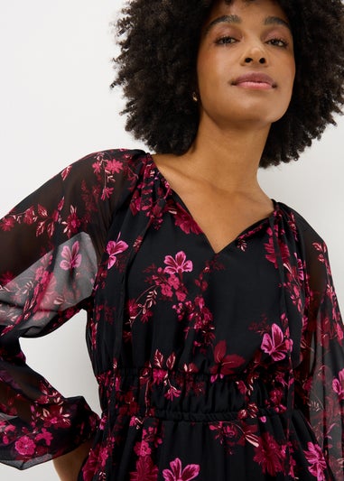 Pink Floral Ruffle Midaxi Dress