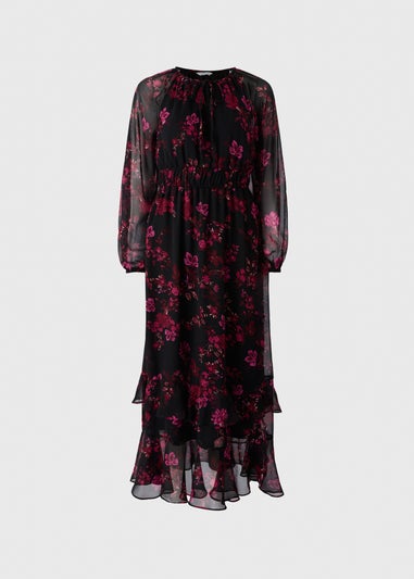 Pink Floral Ruffle Midaxi Dress