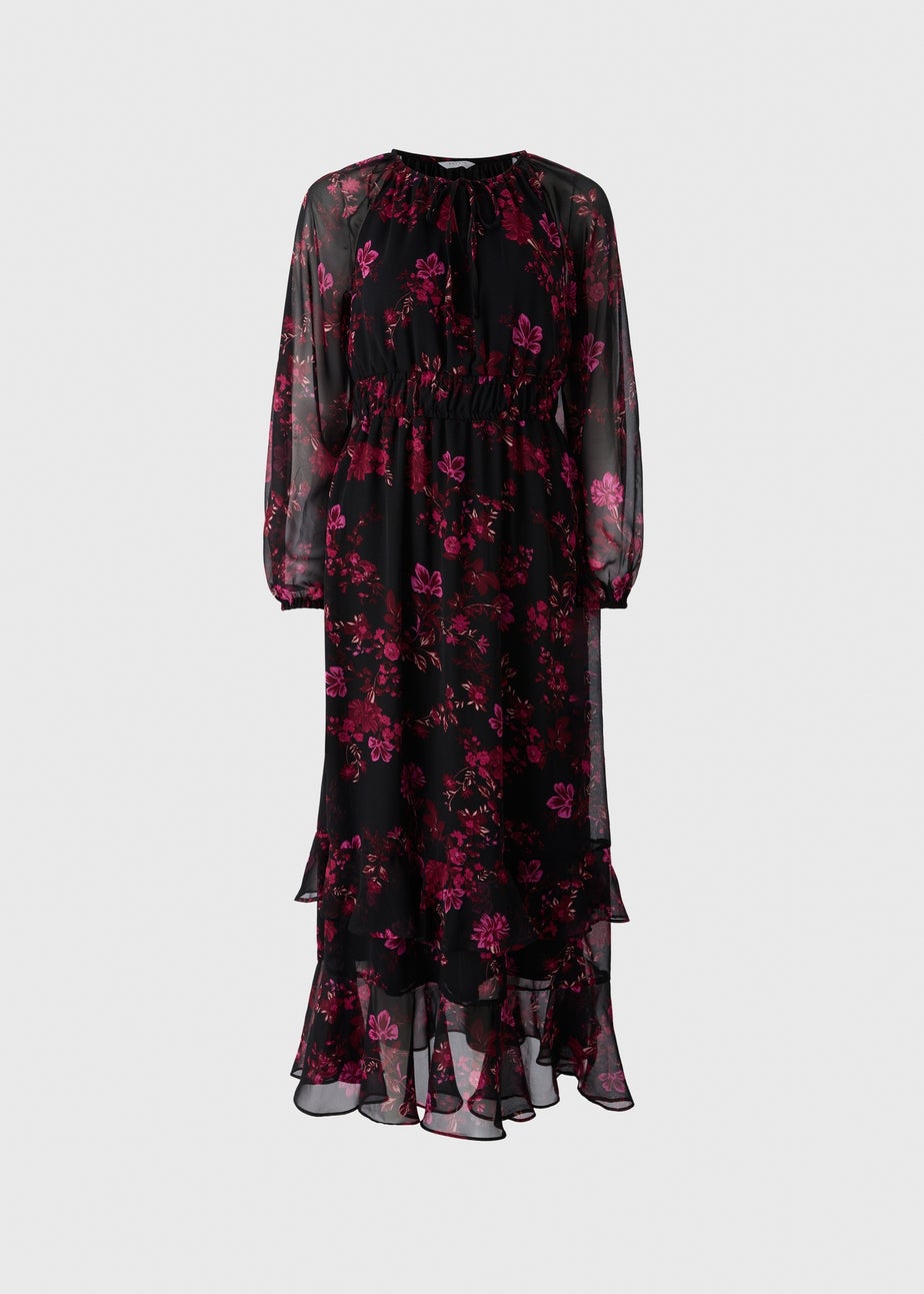 Pink Floral Ruffle Midaxi Dress