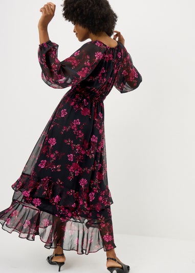 Pink Floral Ruffle Midaxi Dress