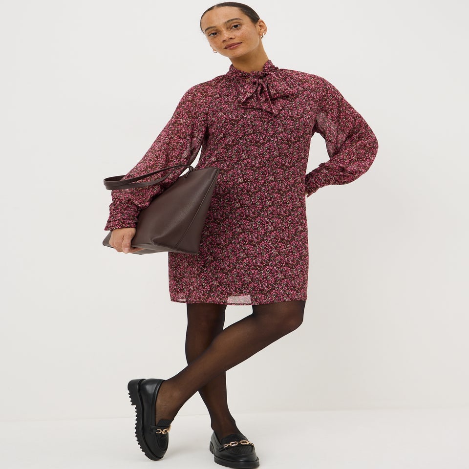 Pink Ditsy Tie Neck Mini Dress