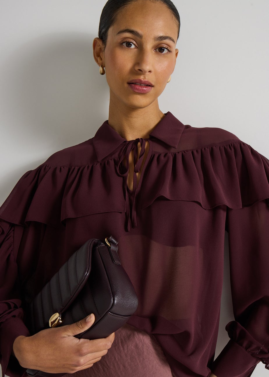 Et Vous Burgundy Frill Long Sleeve Blouse