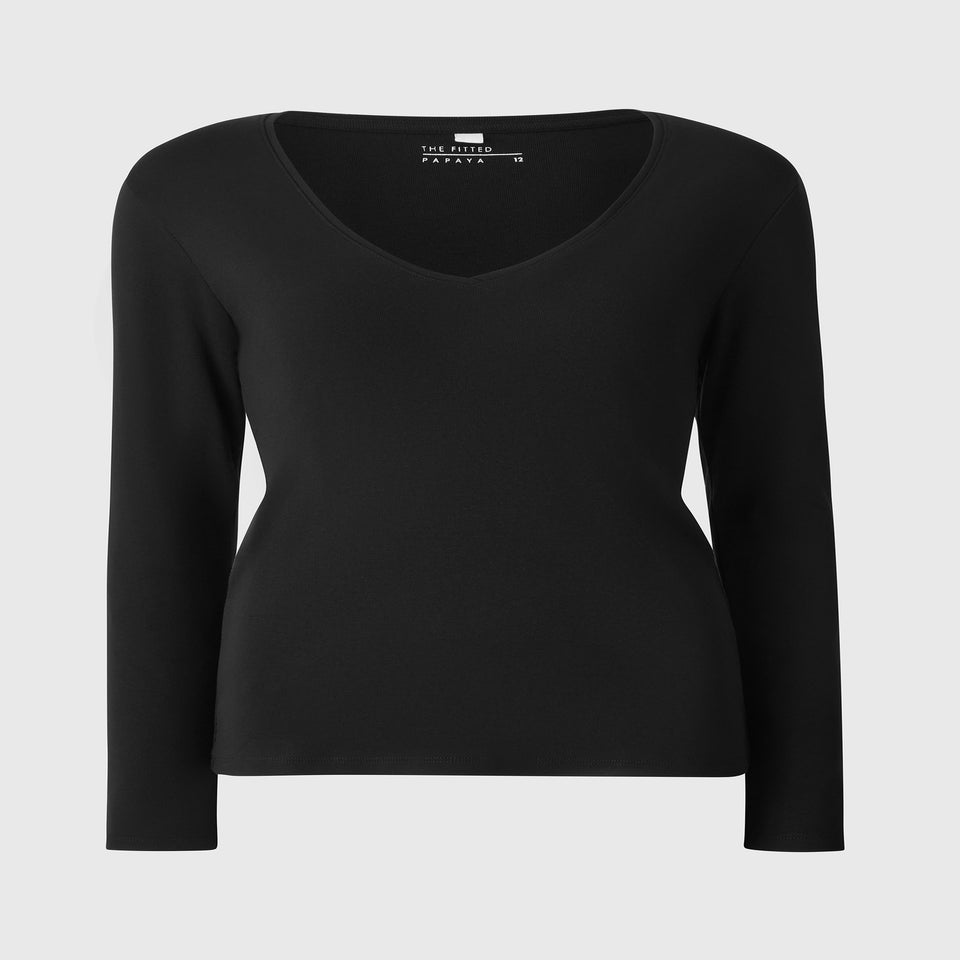 Black Fitted V Neck Long Sleeve Top