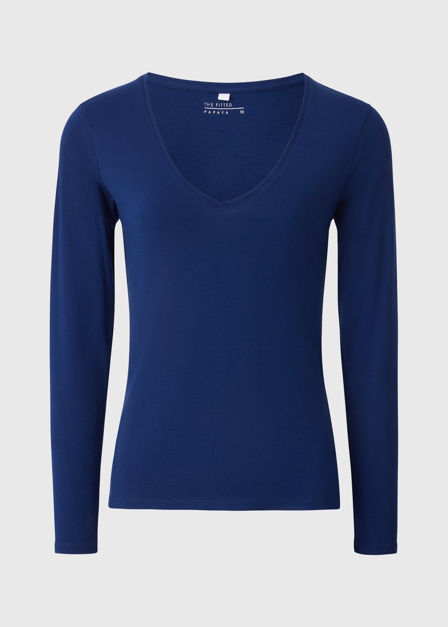 Navy V-Neck Long Sleeved Fitted T-Shirt