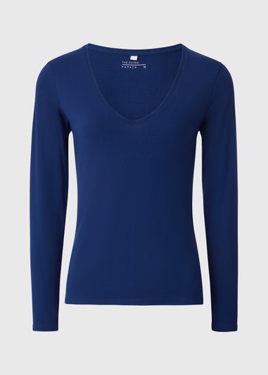 Navy V-Neck Long Sleeved Fitted T-Shirt