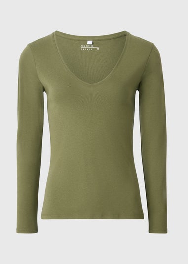 Khaki Fitted V-Neck T-Shirt