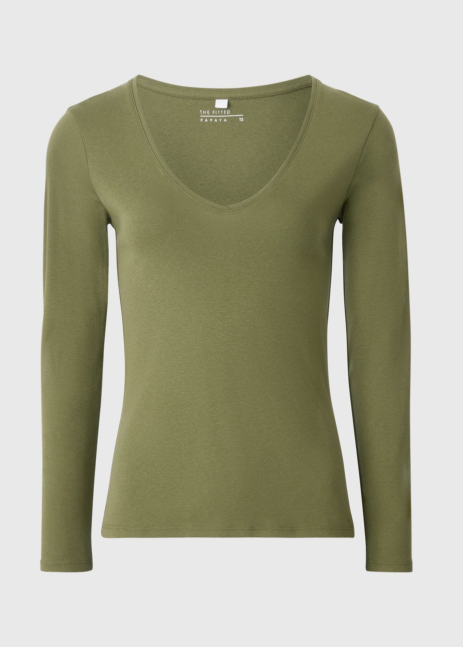 Khaki Fitted V-Neck T-Shirt