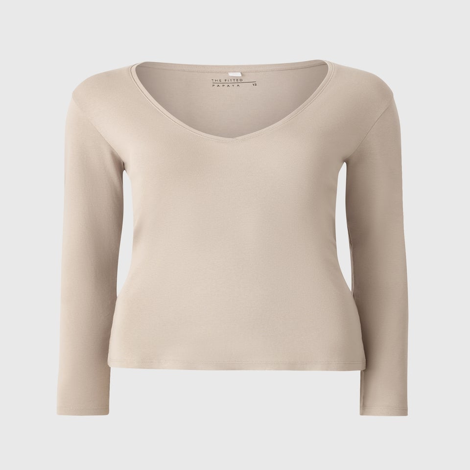 Taupe Fitted V-Neck Fitted Long Sleeve Top