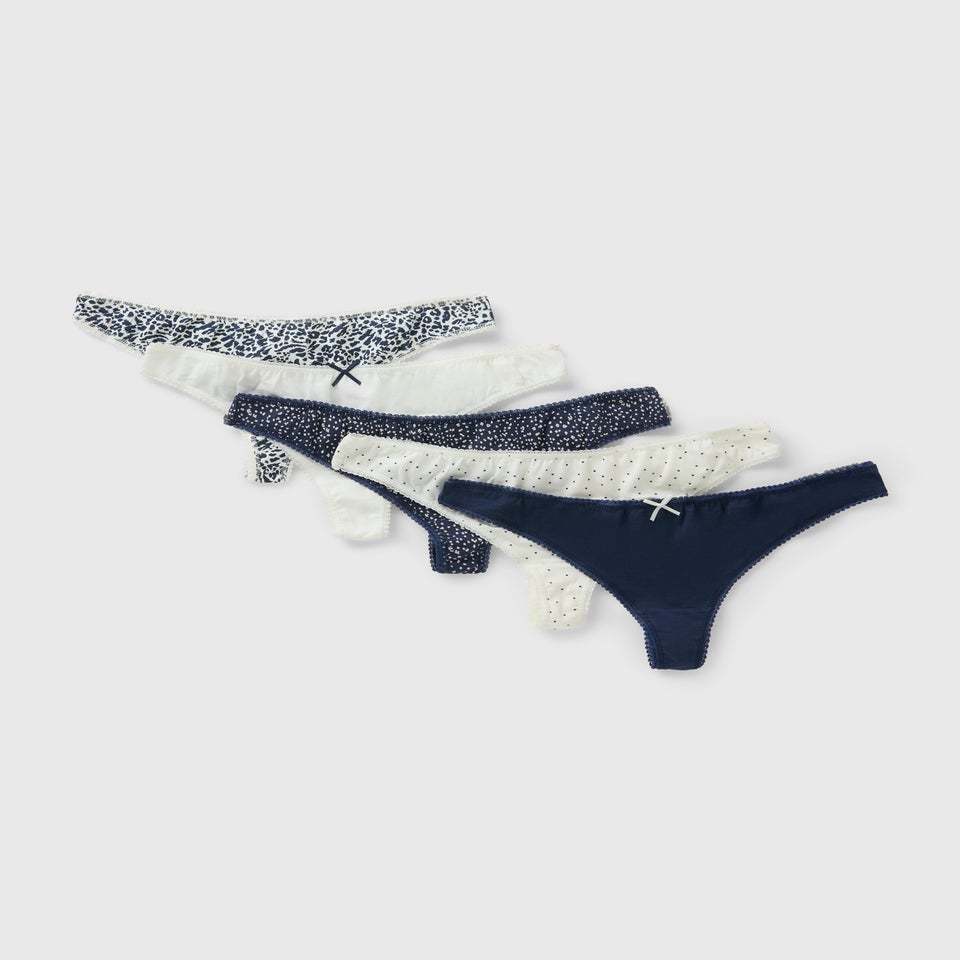 5 Pack Navy Animal Print Thongs