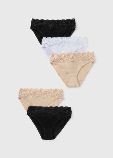 5 Pack Multicolour Lace Trim High Leg Knickers