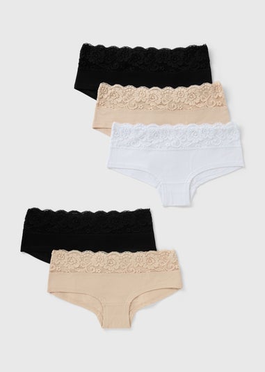 5 Pack Multicolour Lace Trim Short Knickers