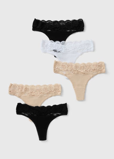 5 Pack Multicoloured Lace Trim Thong Knickers