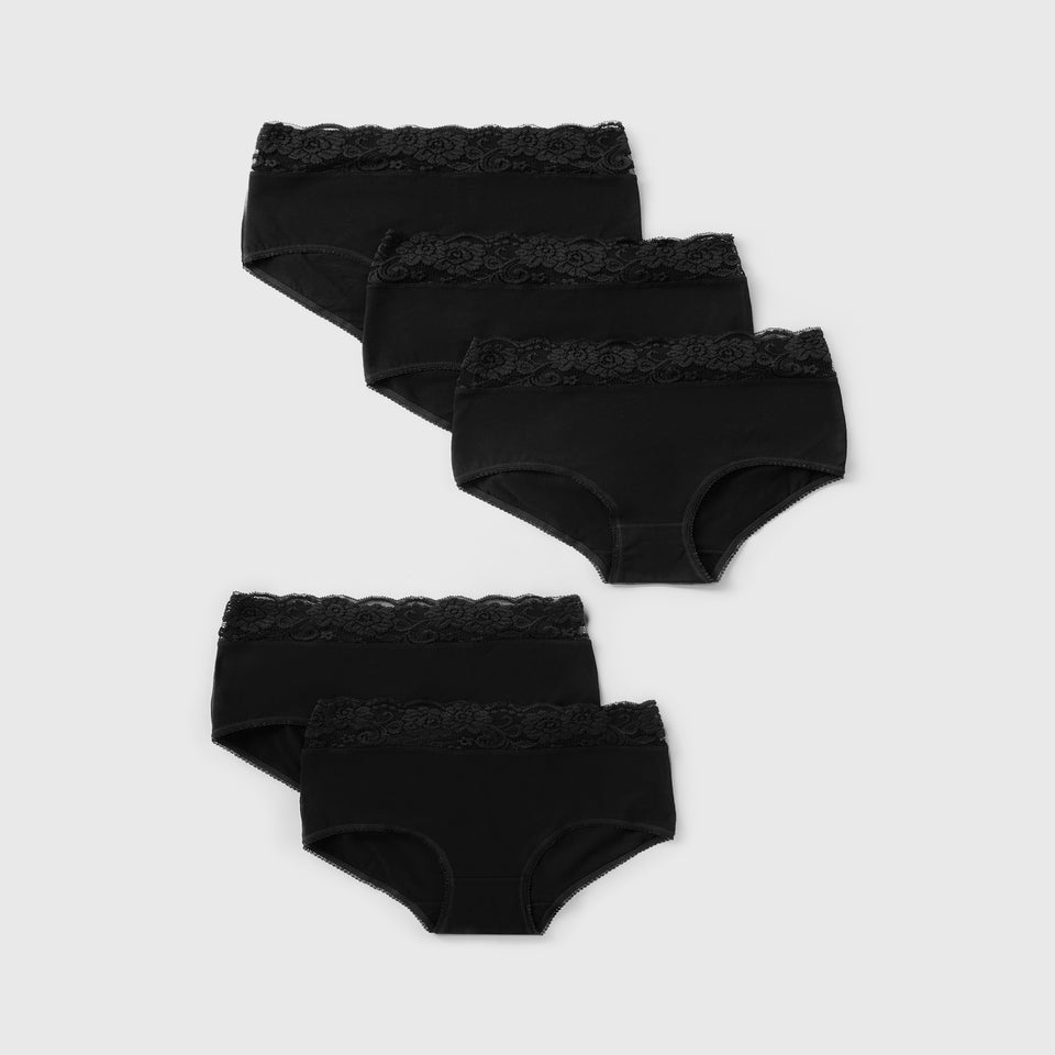 5 Pack Black Lace Trim Full Knickers