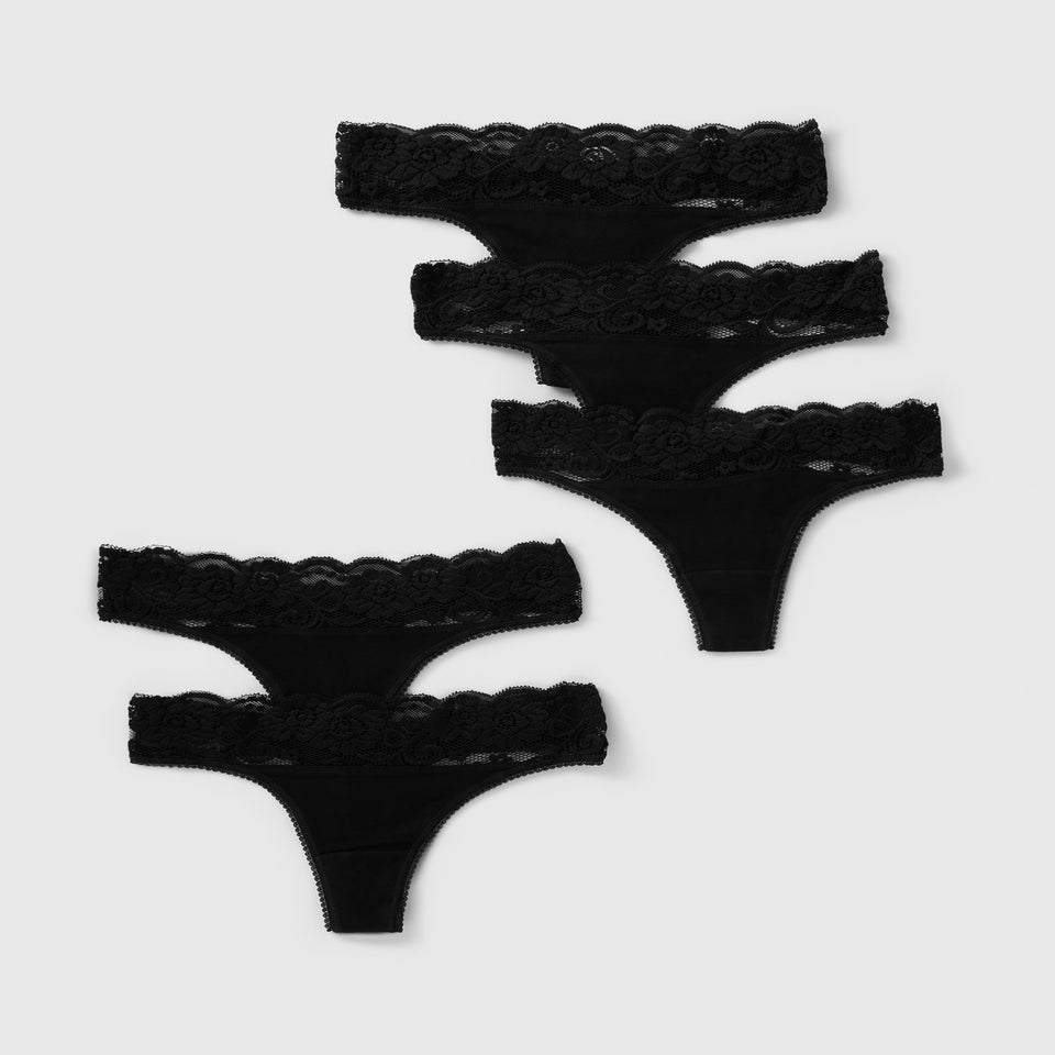 5 Pack Black Lace Trim Thong Knickers
