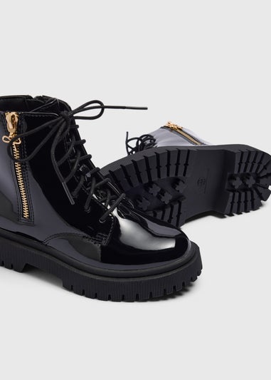 Girls Black Patent Lace Up Boots