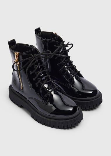 Girls Black Patent Lace Up Boots