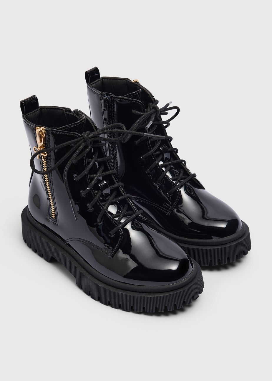 Girls Black Patent Lace Up Boots