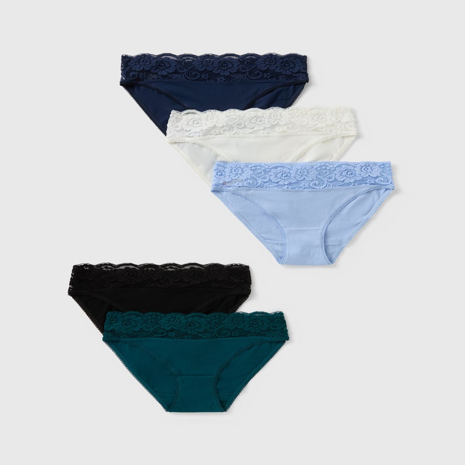 5 Pack Multicolour Lace Trim High Leg Knickers