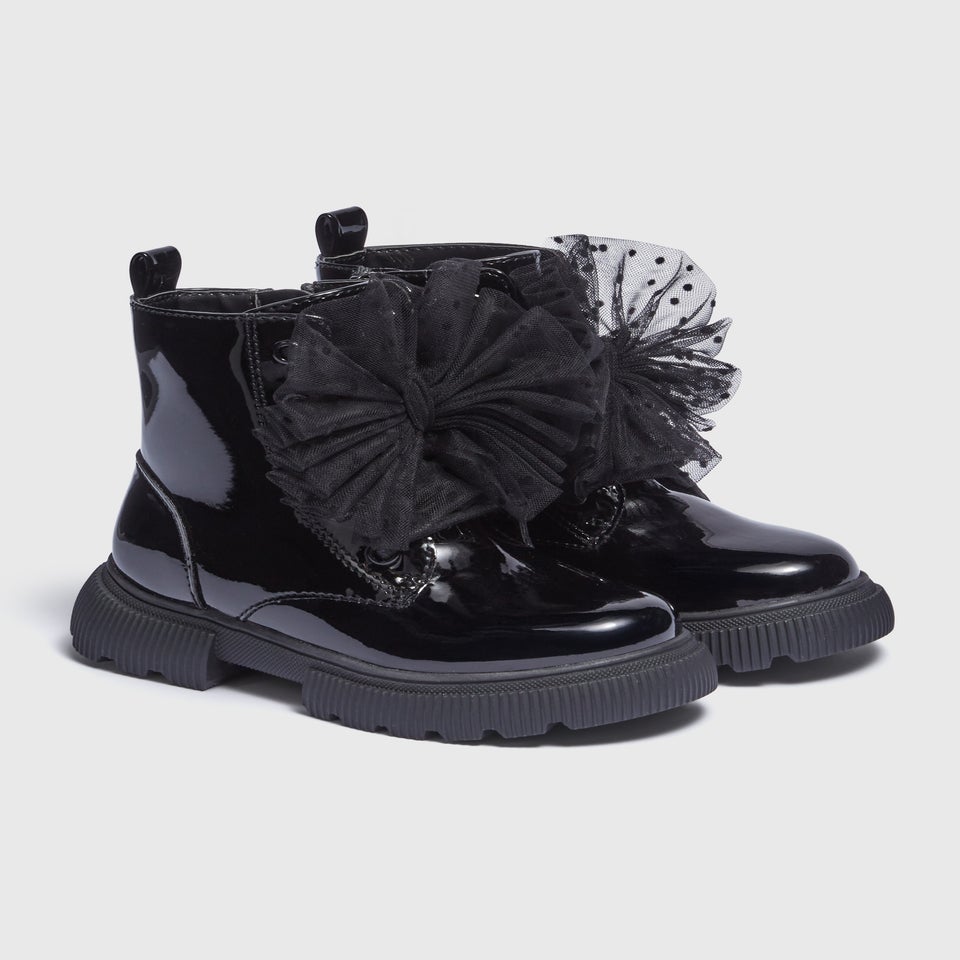 Girls Black Mesh Bow Lace Up Boots (Younger 4-12)