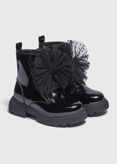 Girls Black Mesh Bow Lace Up Boots (Younger 4-12)