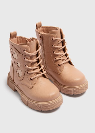 Girls Pink Heart Lace Up Boots