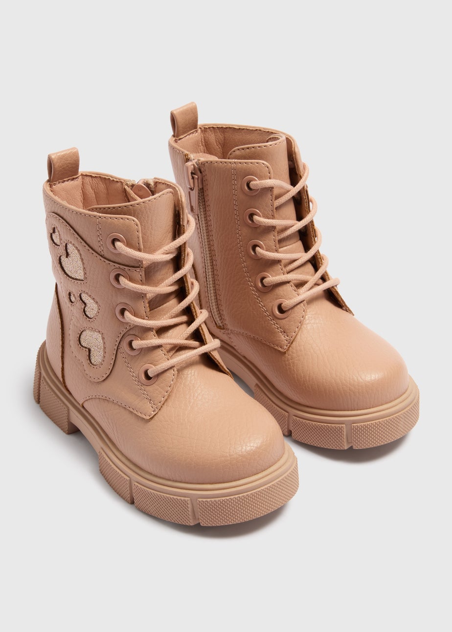 Girls Pink Heart Lace Up Boots