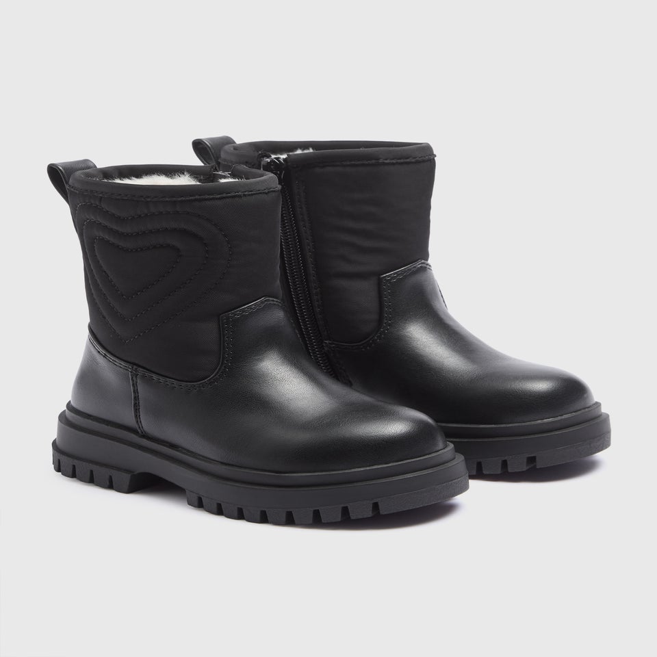 Girls Black Heart Quilted Calf Boots (Younger 4-12)