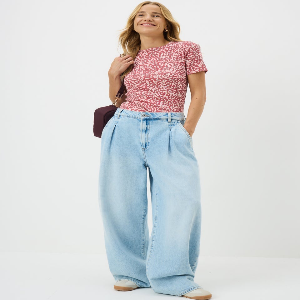 Dark Pink Spot Print Fitted T-Shirt