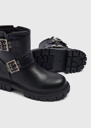 Girls Black Buckle Biker Boots (Younger 10-Older 5)