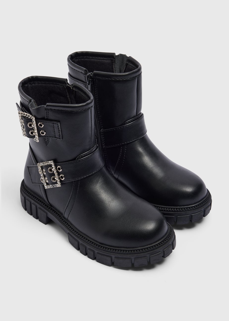 Girls Black Buckle Biker Boots (Younger 10-Older 5)