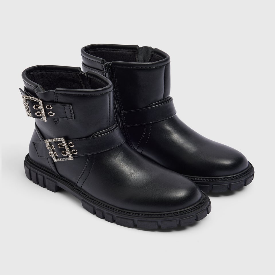 Girls Black Buckle Biker Boots (Younger 10-Older 5)