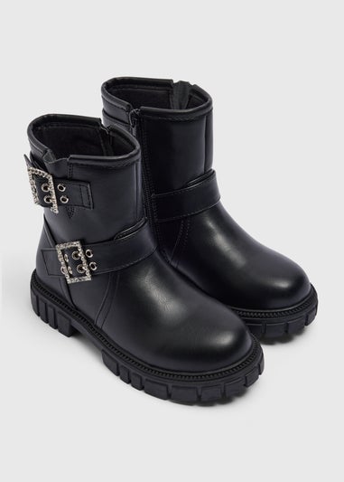 Girls Black Buckle Biker Boots (Younger 10-Older 5)