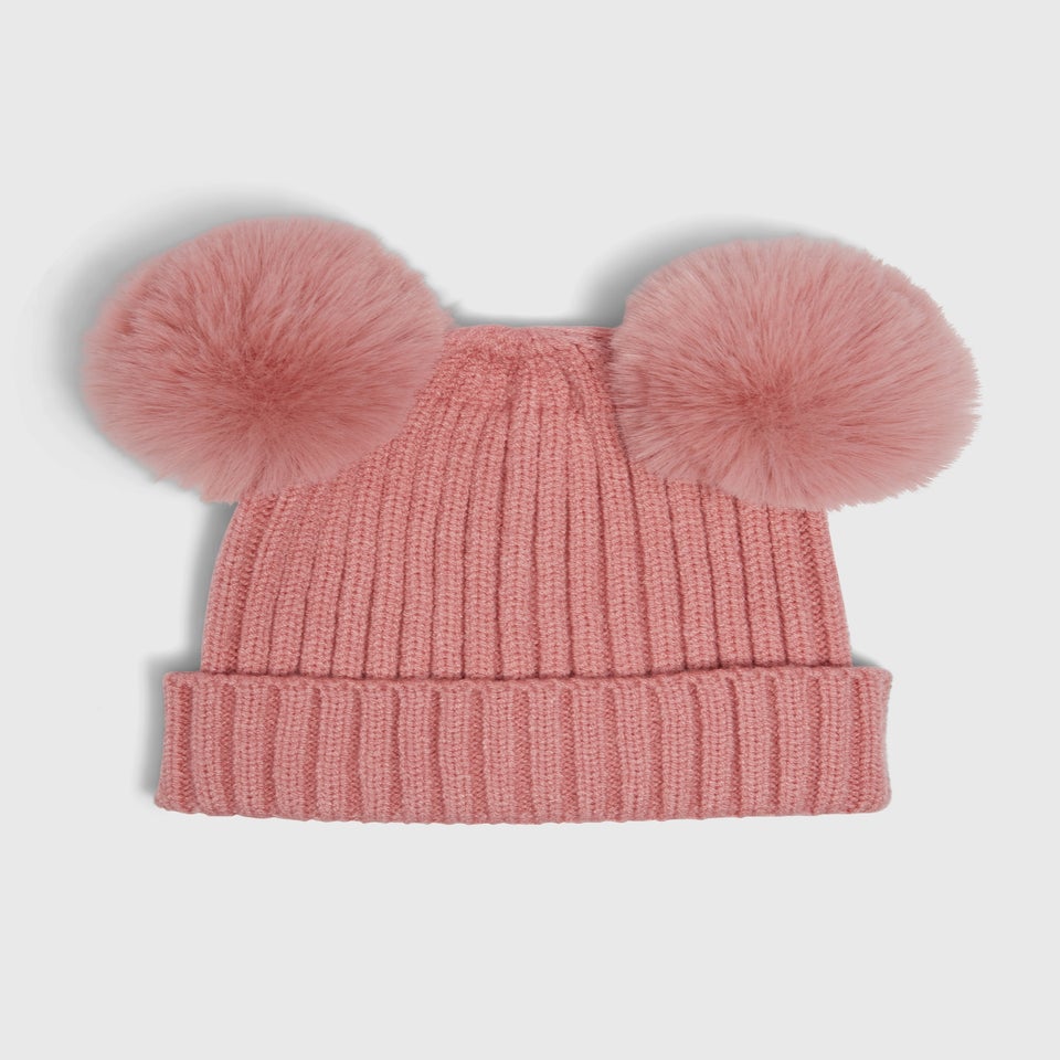 Baby Pink Double Pom Beanie (Newborn-24mths)