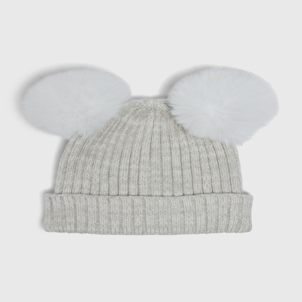 Baby Grey Double Pom Beanie (Newborn-24mths)