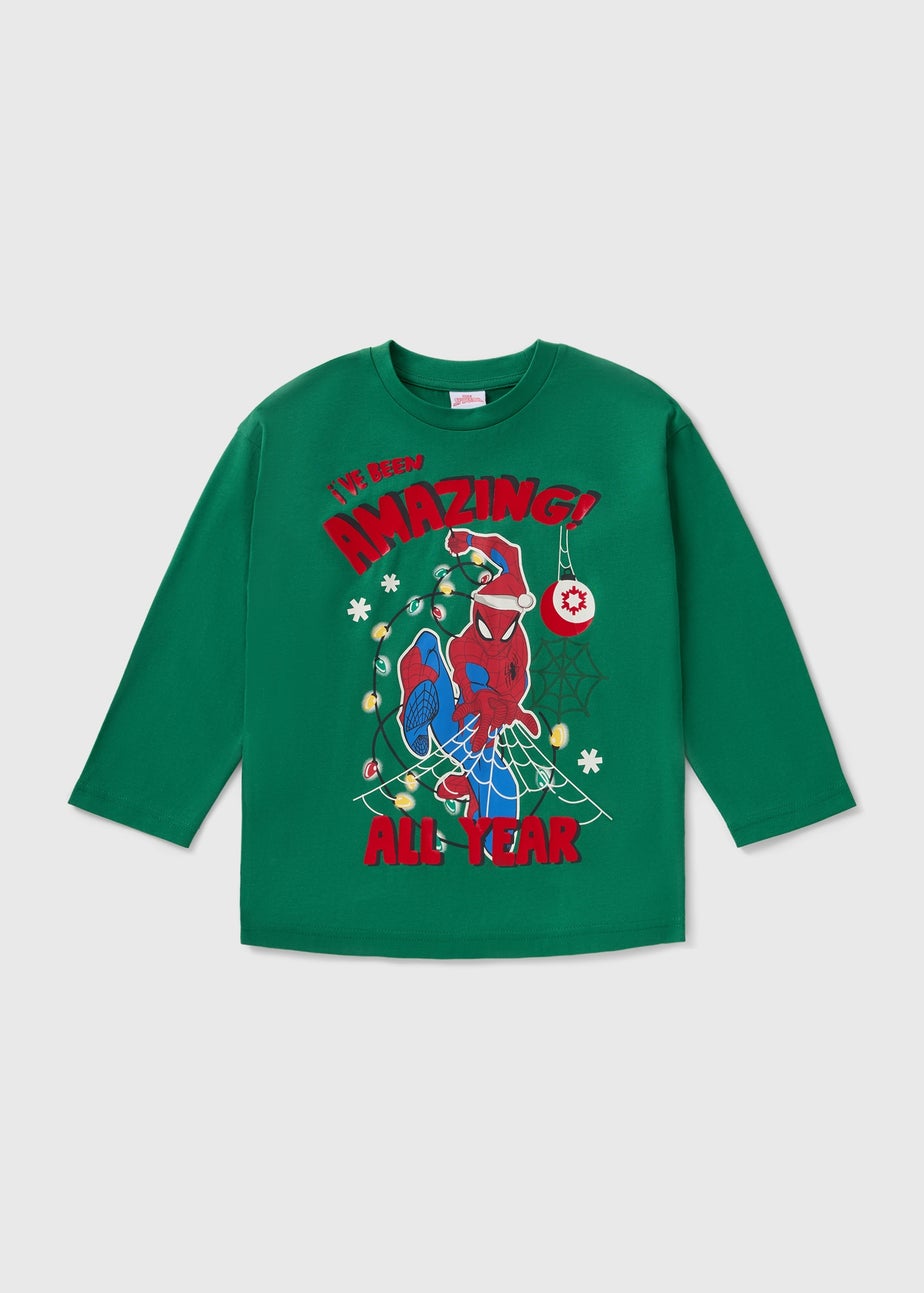 Boys Green Spiderman Christmas T-Shirt (1-7yrs)