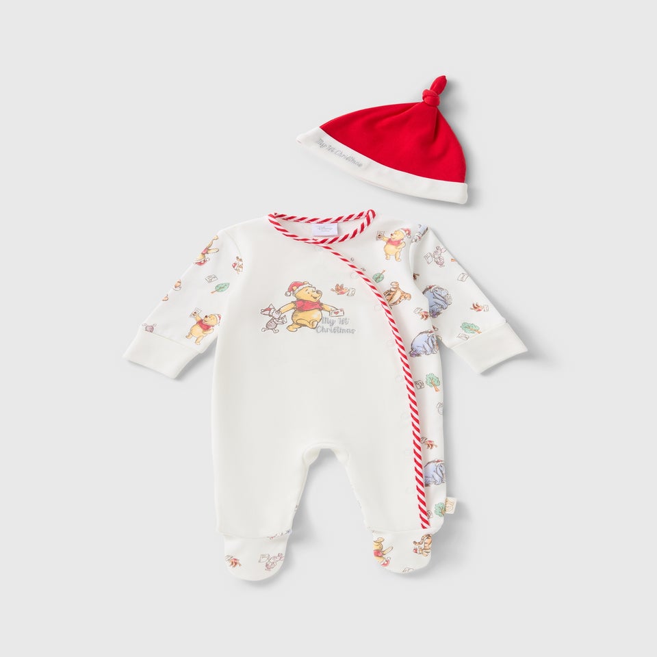 Winnie The Pooh Cream Baby Christmas Sleepsuit & Hat Set (Newborn-18mths)