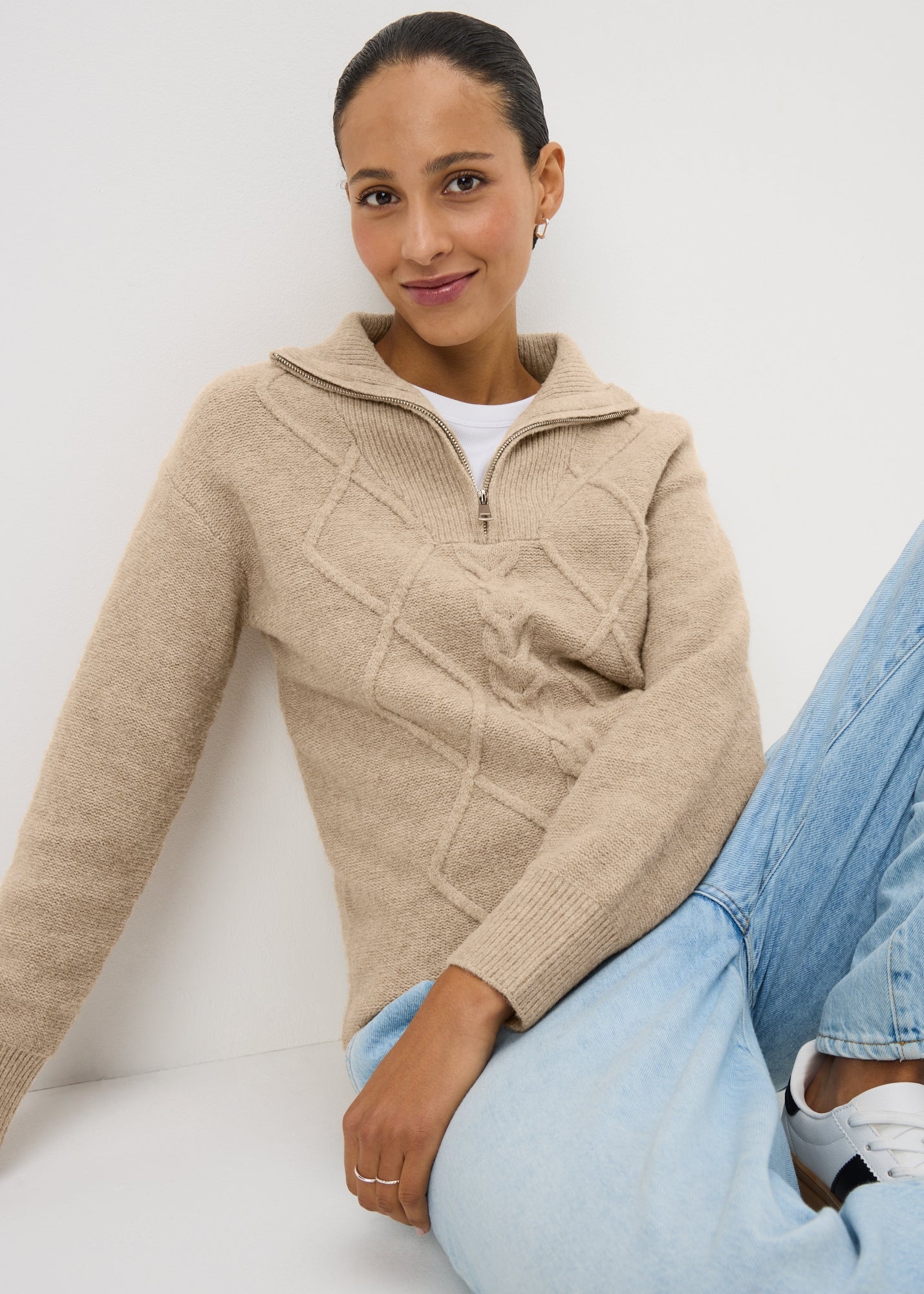 Beige Quarter Zip Tunic Jumper - Matalan