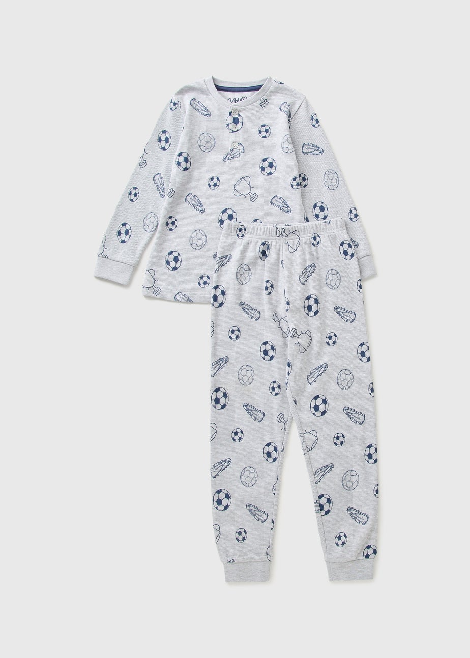 Boys Grey Football Waffle Pyjama Set (7-13yrs)