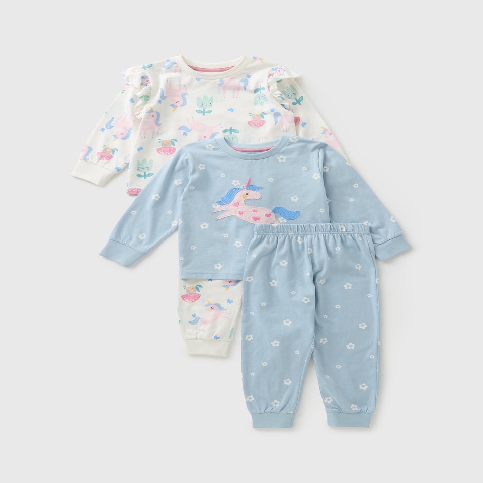 2 Pack Girls Blue Unicorn Pyjama Set (1-7yrs)