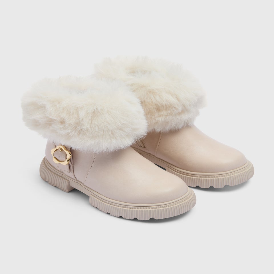 Girls Cream Faux Fur Buckle Boots (Younger 4-12)