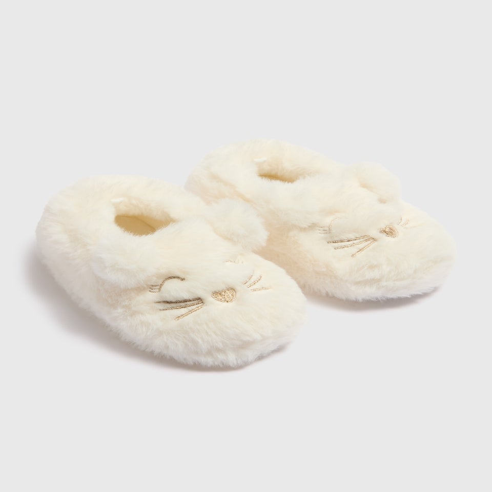Girls Cream Cat Slippers (Younger 4-12)