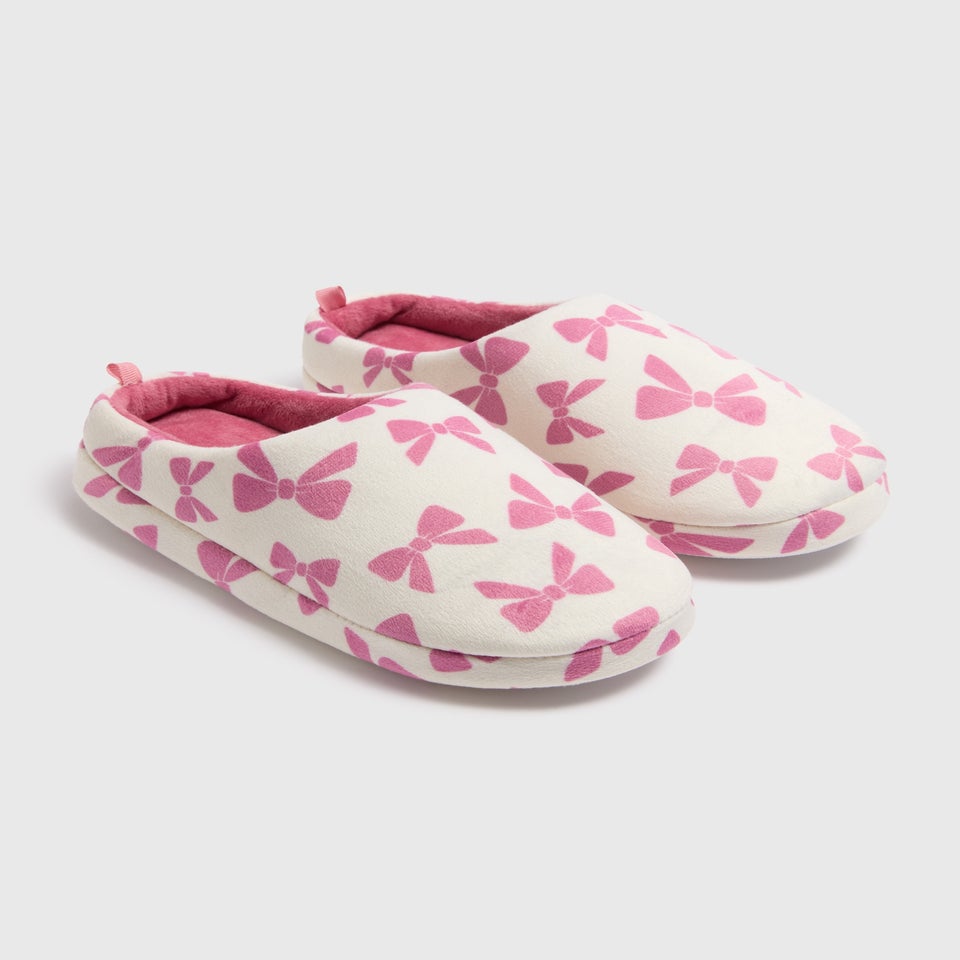 Girls Cream Bow Mule Slippers (Younger 10-Older 5)