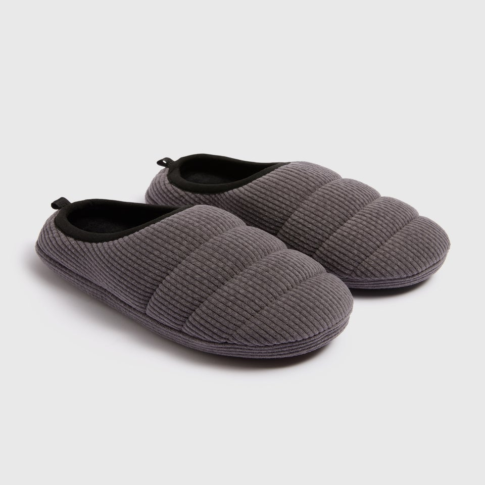 Boys Grey Cord Quilted Mule Slippers (Younger 10-Older 6)