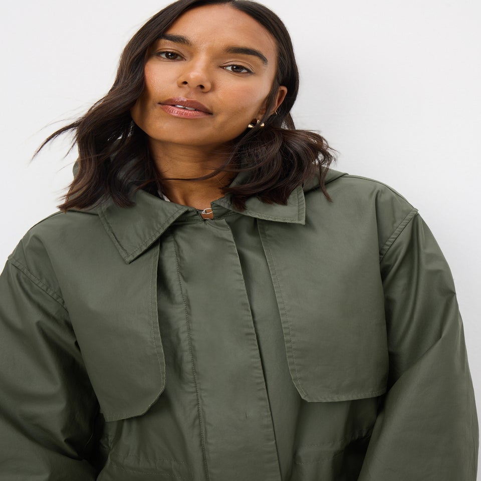 Khaki Wax Look Showerproof Parka Coat