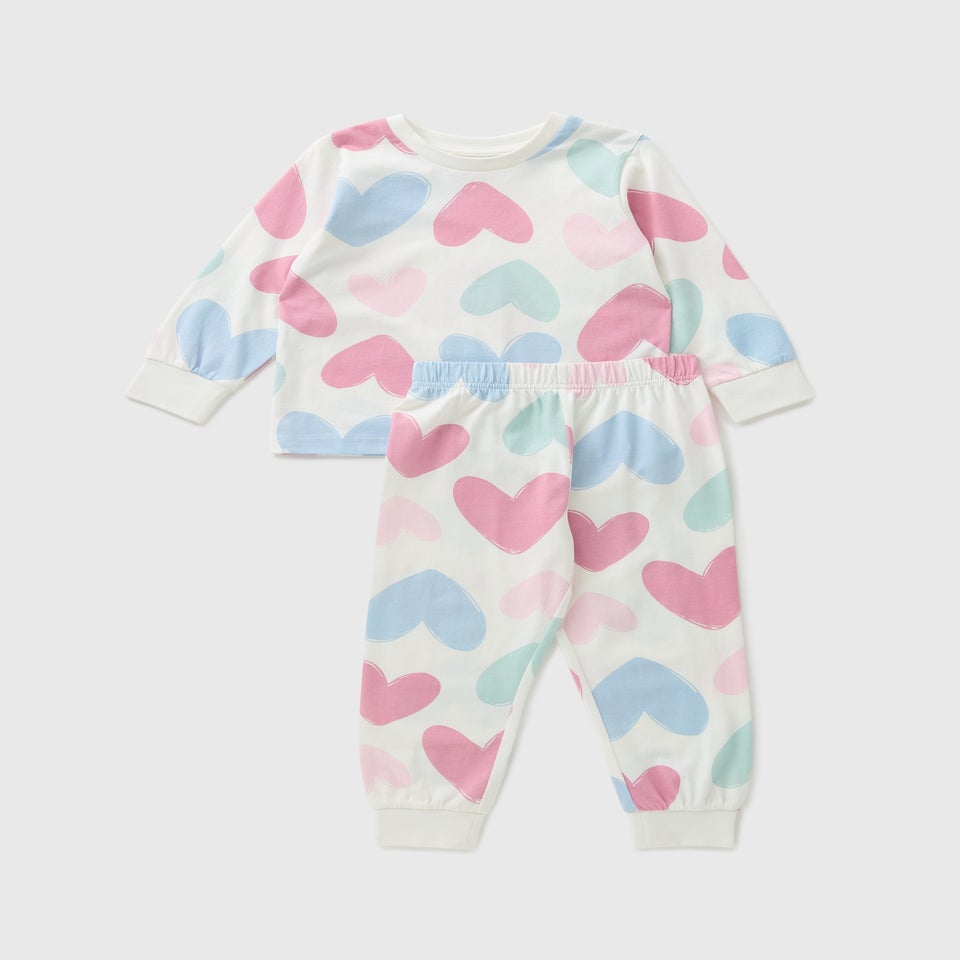 Girls White Heart Pyjama Set (1-13yrs)